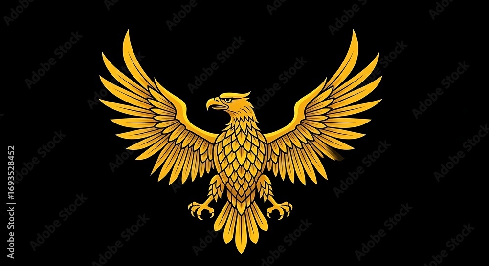 Fototapeta premium Golden Majestic Bird with Wings Spread Wide Against a Dark Background, Illustrative Emblem Design