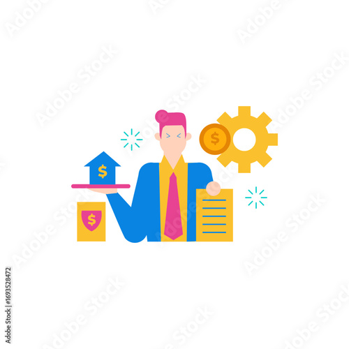 Payment of expenses.Businessman with house and money icons and gear isolated on transparent background.