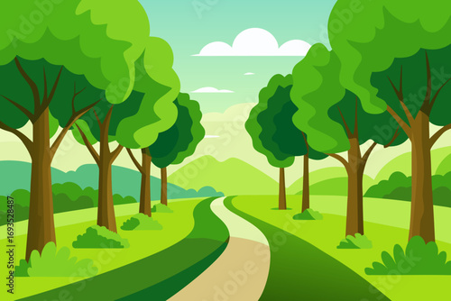 Tranquil Tree Lined Path Through Lush Green Landscape