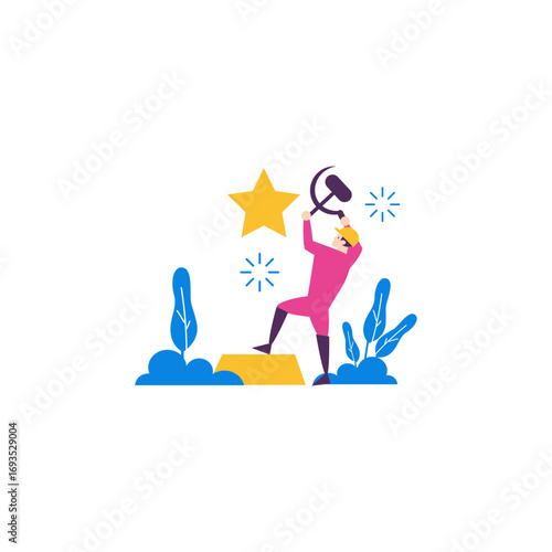 Socialism.Person holding sickle and hammer reaching for a star isolated on transparent background.