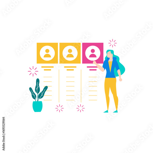 Subscriptions.Woman reviewing candidate profiles on a digital board isolated on transparent background.