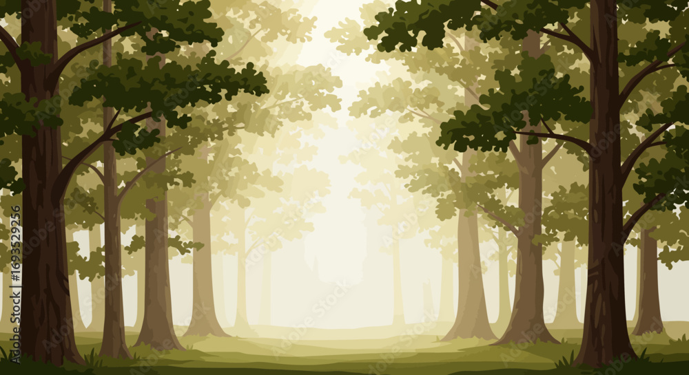 Obraz premium A forest with tall trees dense foliage and a hazy sunlit clearing