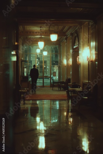 An executive checks into a hotel late at night The quiet lobby glows softly around them The mood feels calm and weary, Generative AI 