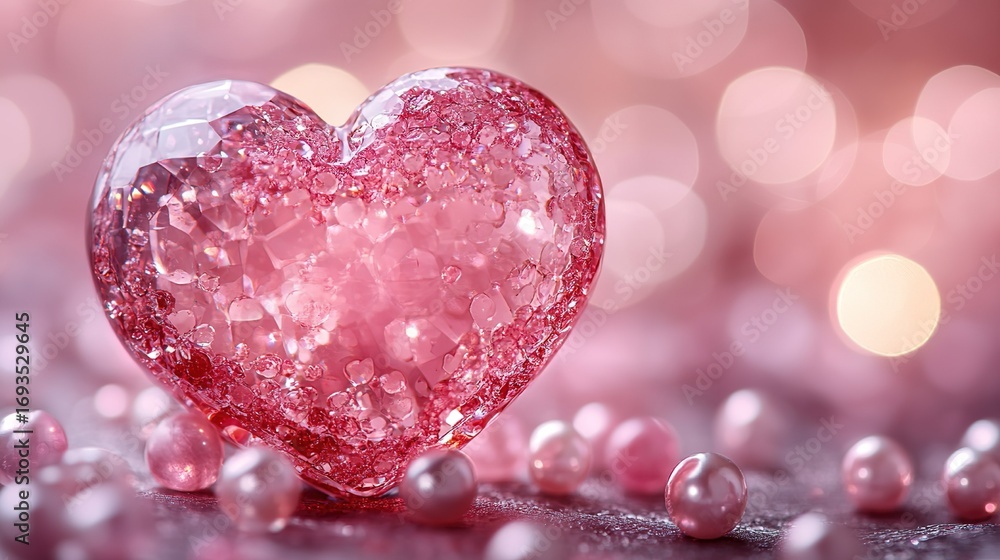 Obraz premium Pink Crystal Heart Shape with Pearl Decor: Romantic Valentine Gift Design Element for Card Packaging and Sweet Theme Backgrounds