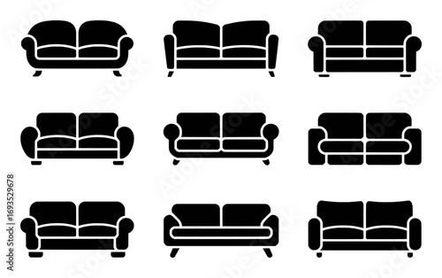 Collection of Black Sofa Icons on White Background