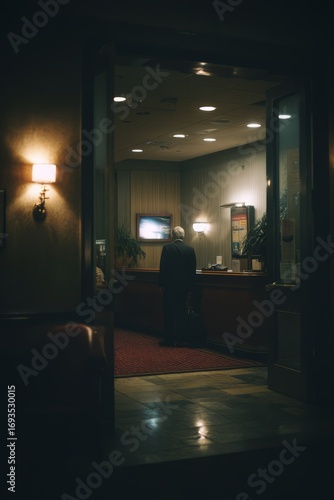 An executive checks into a hotel late at night The quiet lobby glows softly around them The mood feels calm and weary, Generative AI 