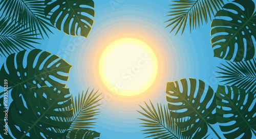 A radiant sun centered amidst tropical foliage against a serene blue sky