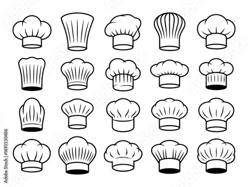 Collection of Chef Hats and Toques in Black and White Outline Style