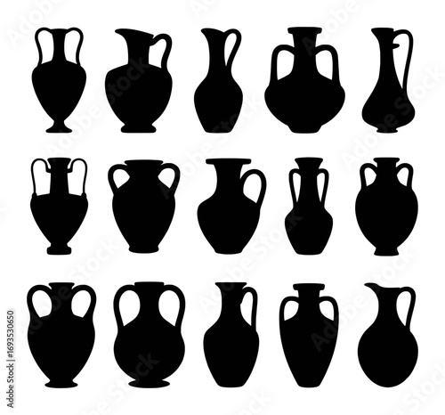 Collection of Black Silhouette Ancient Greek Amphorae and Vases