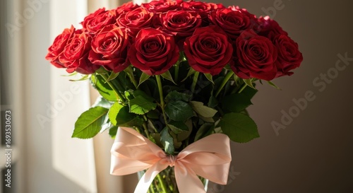 A beautiful bouquet of vibrant red roses in a clear vase, tied with a delicate blush pink ribbon, radiates warmth and elegance.