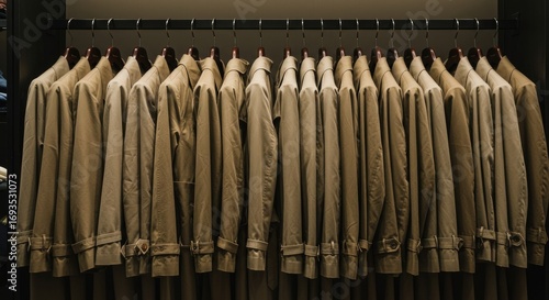 A Row of Classic Tan Trench Coats Hanging in a Closet