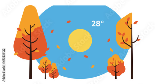 Autumnal scene with trees shedding leaves under a 28degree sky and a bright sun