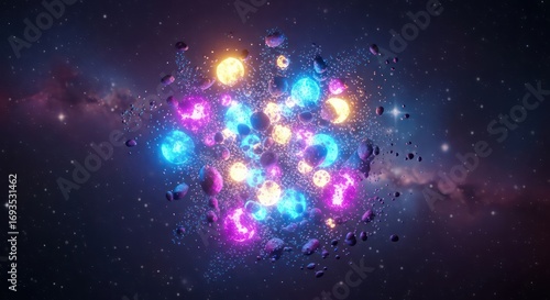 Vibrant Cosmic Cluster: Glowing Orbs and Asteroids in Deep Space