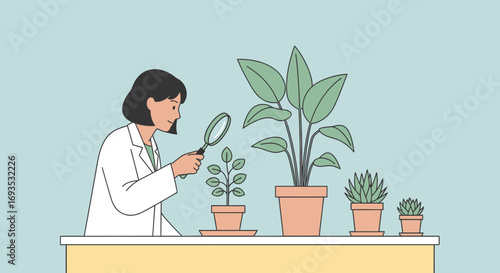 Botanical research in a minimalist style a scientist examines plants with a magnifying glass, clean design with muted colors