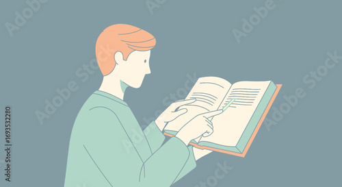 Minimal flat vector illustration of an individual deeply engrossed in reading a book, showcasing focused learning and quiet study