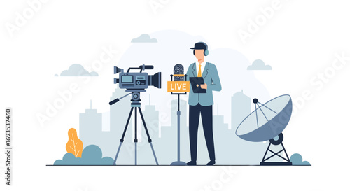 Media professional in a suit with a microphone and live camera, broadcasting from a city with a satellite dish