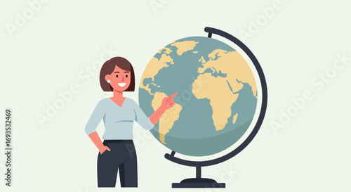 Woman teacher pointing to a globe, modern flat vector illustration with muted colors and clean shapes