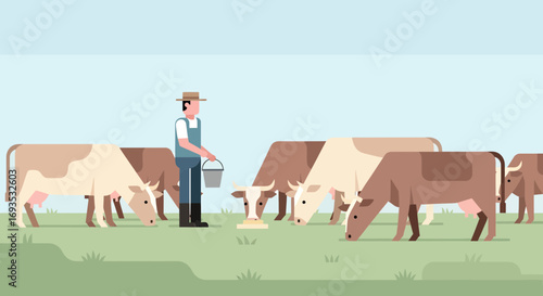 Flat vector illustration of a farmer feeding dairy cows in a green pasture, showcasing sustainable agriculture, animal care, and daily farm life with livestock
