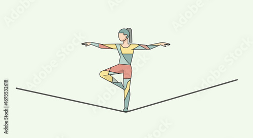 Flat vector illustration of an acrobat balancing on a tightrope, using a minimalist modern design with clean shapes and pastel colors