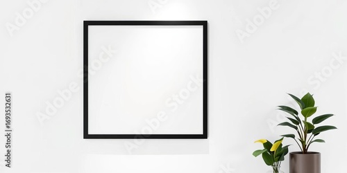 Clean white poster mockup in sleek black frame, minimalist white wall background,  product display,  marketing