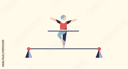 A gymnast balances on a tightrope with arms outstretched, illustrating the concept of equilibrium and focus in a minimalist flat design