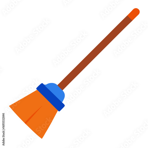 Orange broom with blue band and brown handle vector on white background.