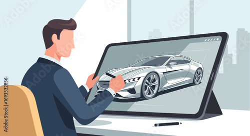 Flat vector illustration of an automotive designer sketching a sleek concept car on a large digital tablet in a modern office