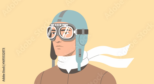 Minimalist flat vector illustration of a vintage aviator wearing traditional flight gear including goggles and helmet, presented with a modern aesthetic and muted color palette