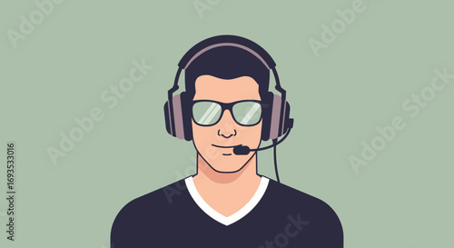 Flat vector illustration of a person wearing a headset with a microphone and sunglasses. Modern, minimal design ideal for gaming, tech support, or online communication concepts