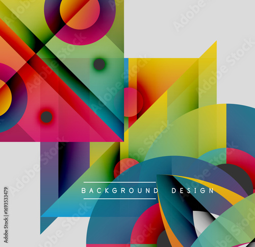 Abstract geometric shapes overlap, creating vibrant colorful composition. Modern design utilizes gradients, angles, dynamic visual effect.