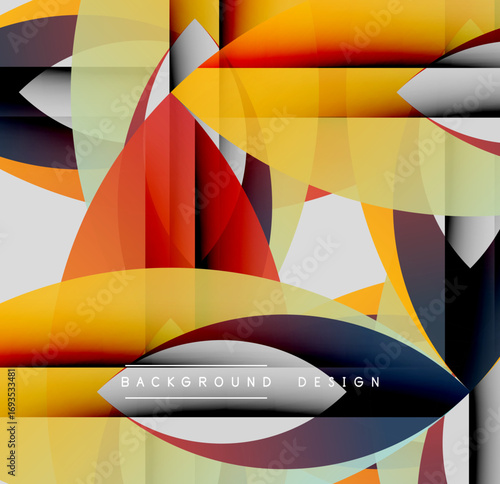 Abstract geometric shapes overlap, creating vibrant color contrasts. Yellow, red, black dominate design with curved lines, angles.