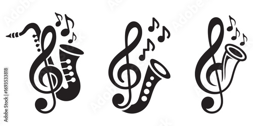 Black and White Saxophone Treble Clef Vector Icons with Musical Notes