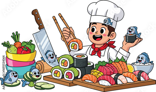 Cute cartoon sushi chef preparing Japanese food with smiling fish, fresh vegetables, sushi rolls, sashimi platter, fun kitchen scene