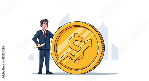Businessman with a Large Gold Coin and Upward Arrow Financial Growth Illustration