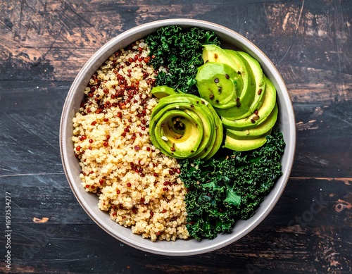 Healthy quinoa bowl with avocado and kale
