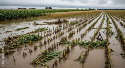 Floodwaters engulfing a cornfield causing significant damage and crop failure after heavy rains