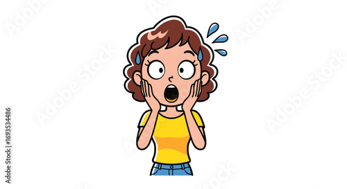 An expressive cartoon illustration of a surprised young woman showing wide-eyed shock and alarm, with hands to her face, depicting a moment of intense emotional reaction or stress