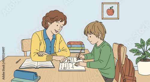 Teacher assisting student with homework A simple illustration for education and learning