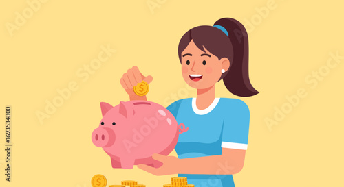 Smiling woman's dedication to saving, placing a golden coin into a pink piggy bank, embodies a concept of financial growth, smart investment, and future security for personal wealth