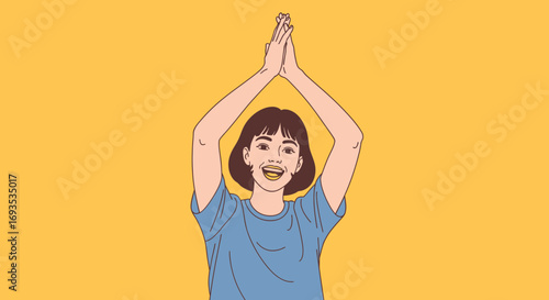Happy Young Woman Cheerfully Clapping Hands, Upbeat Illustration