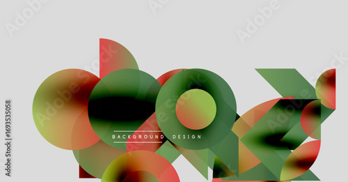 Abstract shapes overlap, creating dynamic composition. Colors blendreds, greens, yellowsover white backdrop. Modern design element.