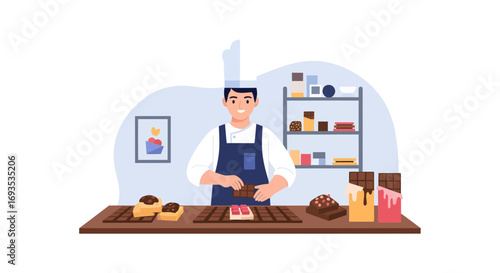 Confectioner crafting delicious treats in a vibrant kitchen scene, flat vector illustration, joyful baker