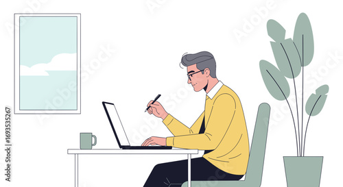 Flat vector illustration of a professional man with glasses working on a laptop, modern minimalist workspace concept with clean lines
