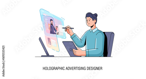 Digital artist creating immersive holographic advertising with innovative technology in a modern flat design vector illustration