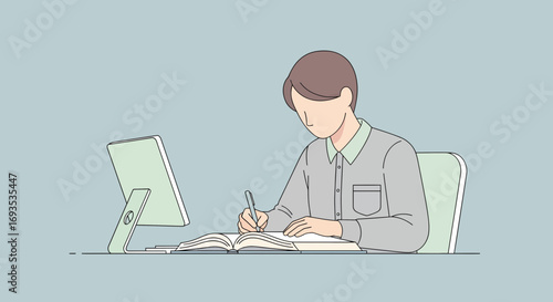 Student Focused and Engaged in Study Process, Taking Notes by Hand and using a Monitor