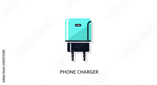 Vector illustration of a modern mobile phone wall charger with a plug, featuring clean lines and a flat design style