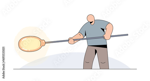 Minimalist flat vector illustration of a glassblower artisan shaping hot molten glass on a blowpipe, isolated on a white background