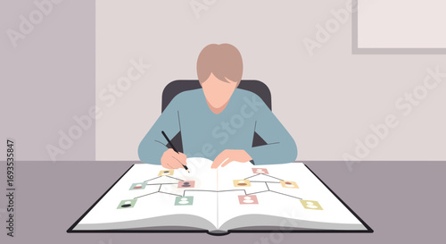 Illustration of a person carefully researching and drawing a detailed family tree to discover their heritage and ancestry