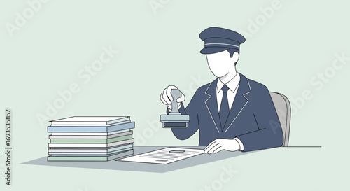 Officer stamping documents at a desk with stacks of paperwork, vector illustration of administrative work and bureaucracy