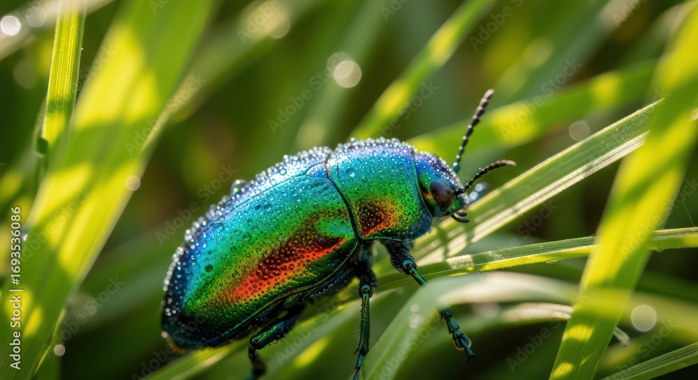 Naklejka premium Jewel Beetle Adorned with Dewdrops on Blades of Grass, Macro Shot